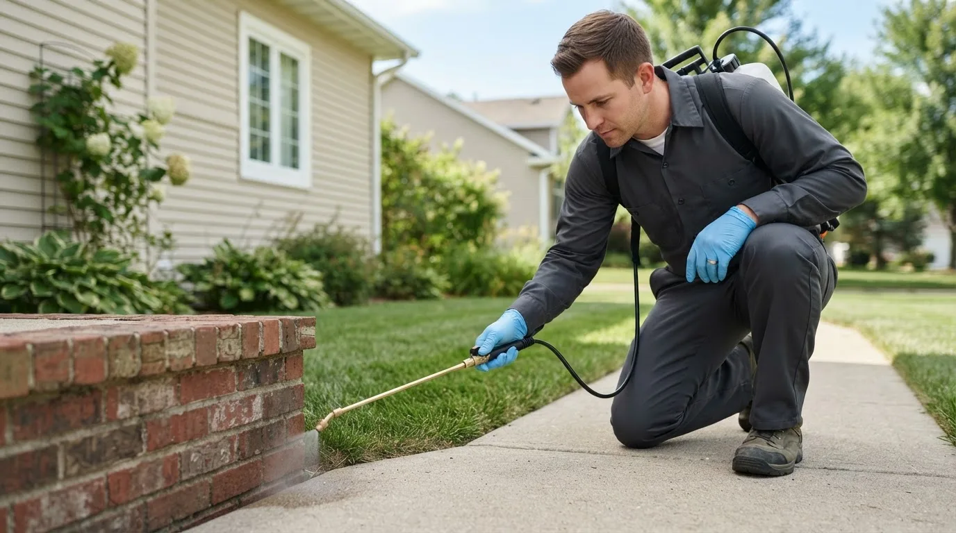 Pest control technician treating a home near Trade, TN